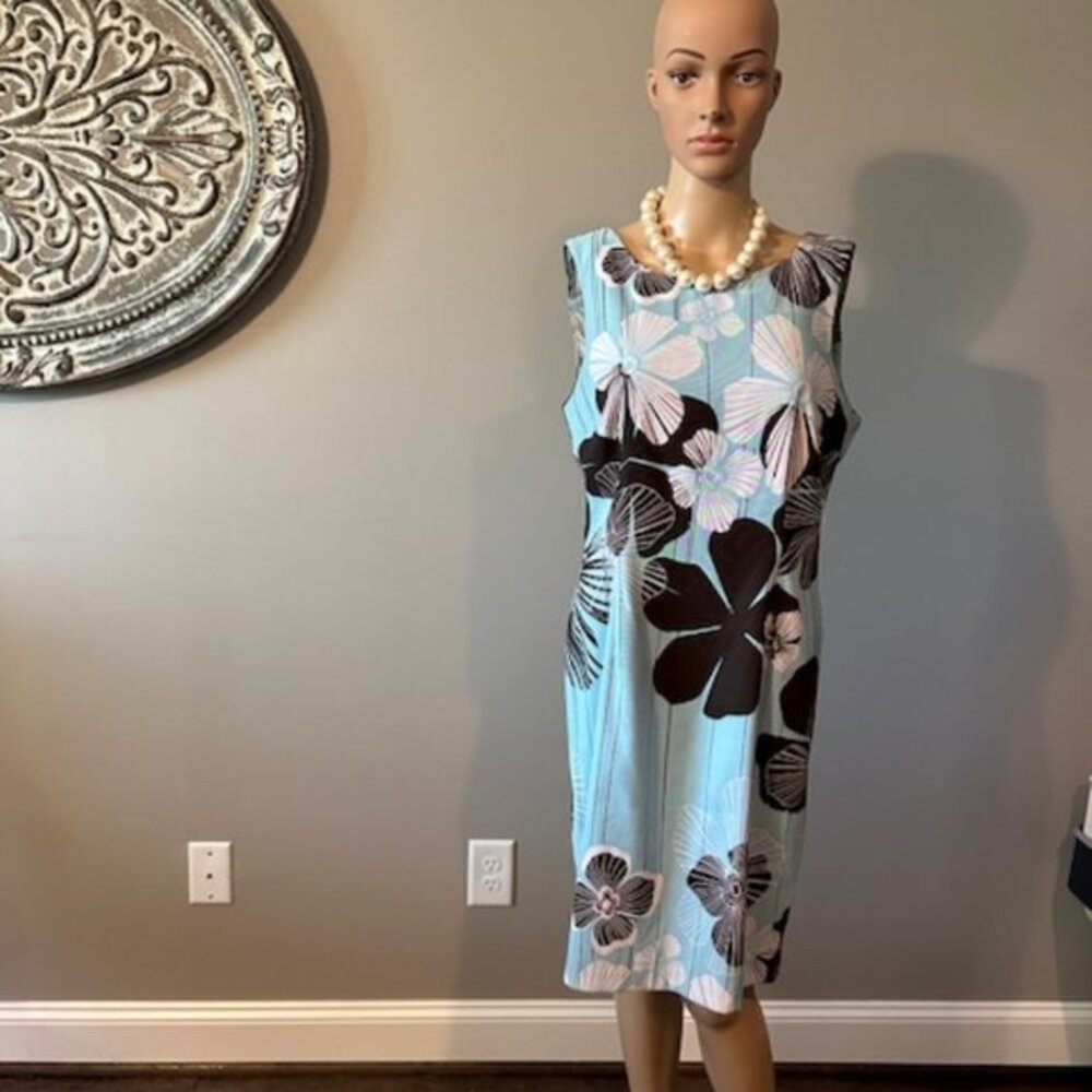 CONNECTION APPAREL AQUA BLUE WITH BROWN AND WHITE FLOWERS  DRESS